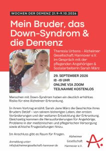 Veranstaltungsplakat zur Online-Veranstaltung über Down-Syndrom und Demenz, mit Foto einer Frau und eines freundlichen, winkenden Mannes, Informationen und Anmeldedetails.