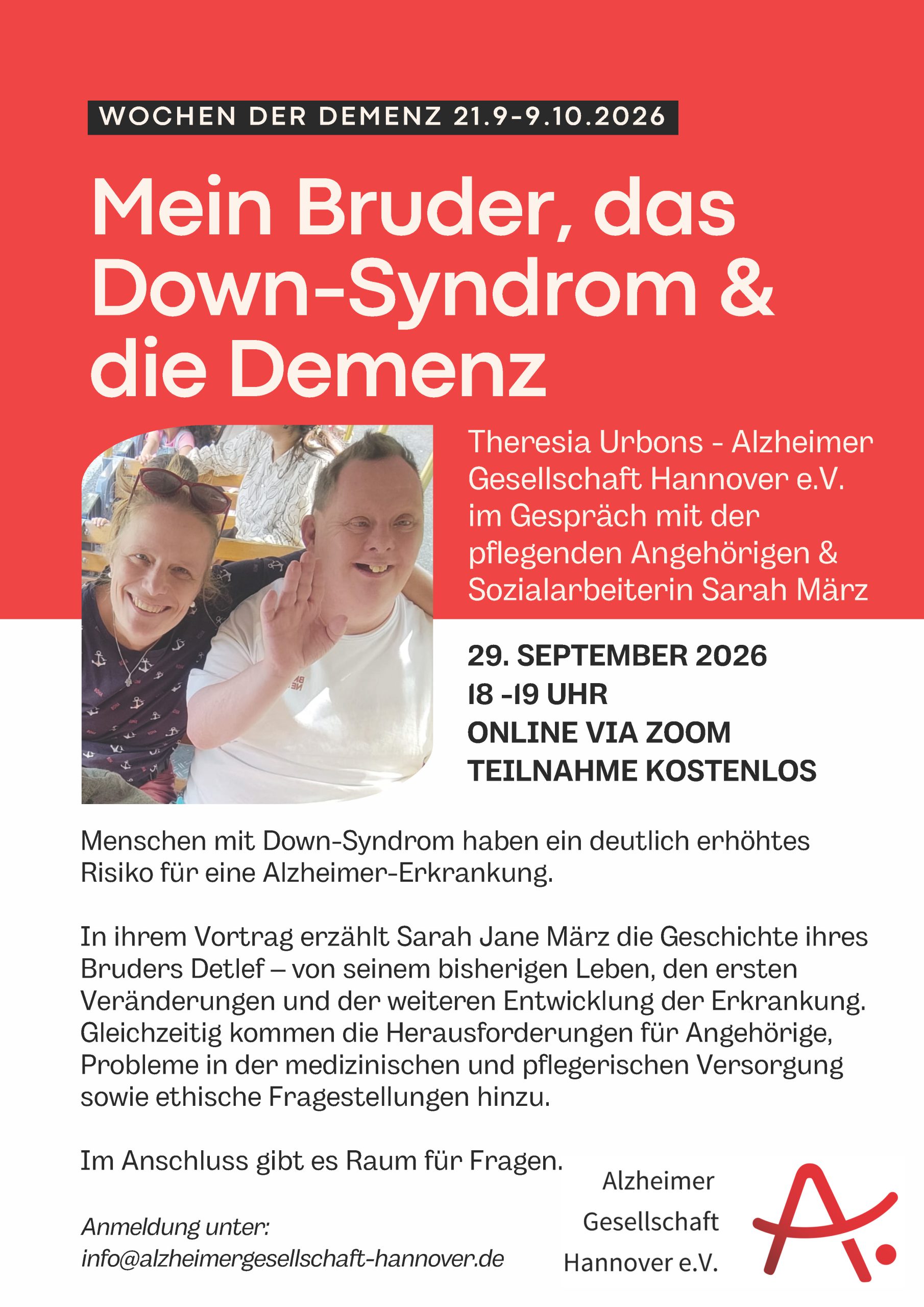 Veranstaltungsplakat zur Online-Veranstaltung über Down-Syndrom und Demenz, mit Foto einer Frau und eines freundlichen, winkenden Mannes, Informationen und Anmeldedetails.
